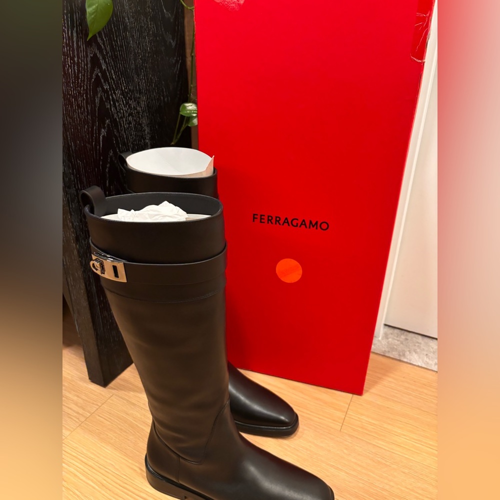 FERRAGAMO Black Gancini Buckle Boots  Black Riding NWB Holiday Gift Outfit